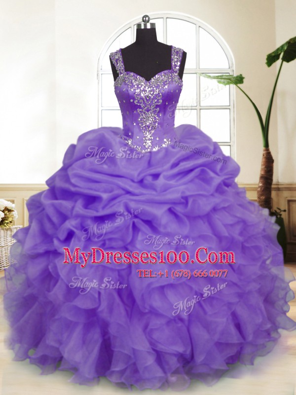 Top Selling Sleeveless Floor Length Beading and Ruffles and Pick Ups Zipper Sweet 16 Dresses with Lavender