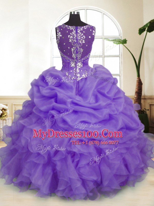 Top Selling Sleeveless Floor Length Beading and Ruffles and Pick Ups Zipper Sweet 16 Dresses with Lavender