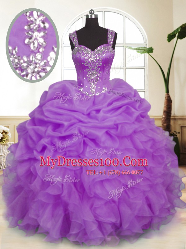 Gorgeous Lavender Sleeveless Floor Length Beading and Ruffles and Pick Ups Zipper Ball Gown Prom Dress