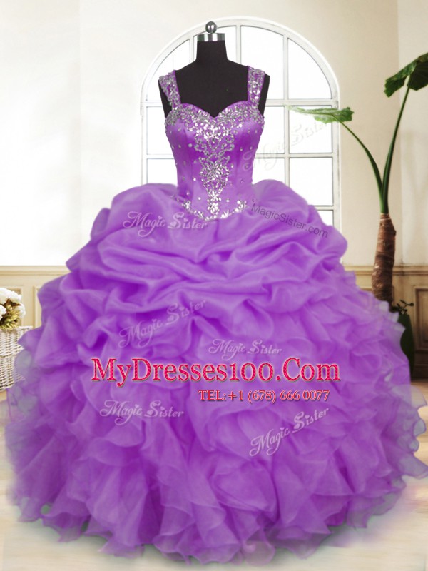 Gorgeous Lavender Sleeveless Floor Length Beading and Ruffles and Pick Ups Zipper Ball Gown Prom Dress