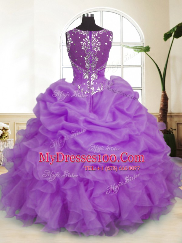Gorgeous Lavender Sleeveless Floor Length Beading and Ruffles and Pick Ups Zipper Ball Gown Prom Dress