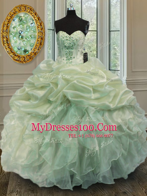 Chic Organza Sweetheart Sleeveless Lace Up Beading and Ruffles Quince Ball Gowns in Green