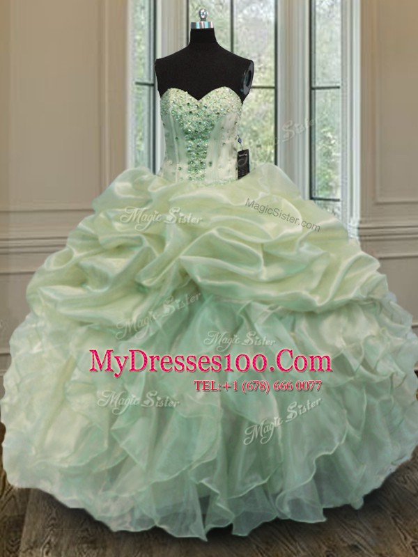 Chic Organza Sweetheart Sleeveless Lace Up Beading and Ruffles Quince Ball Gowns in Green