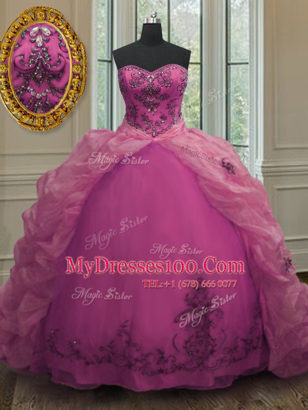Luxurious Organza Sweetheart Sleeveless Court Train Lace Up Beading and Appliques and Pick Ups Quince Ball Gowns in Fuchsia
