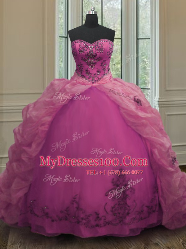 Luxurious Organza Sweetheart Sleeveless Court Train Lace Up Beading and Appliques and Pick Ups Quince Ball Gowns in Fuchsia