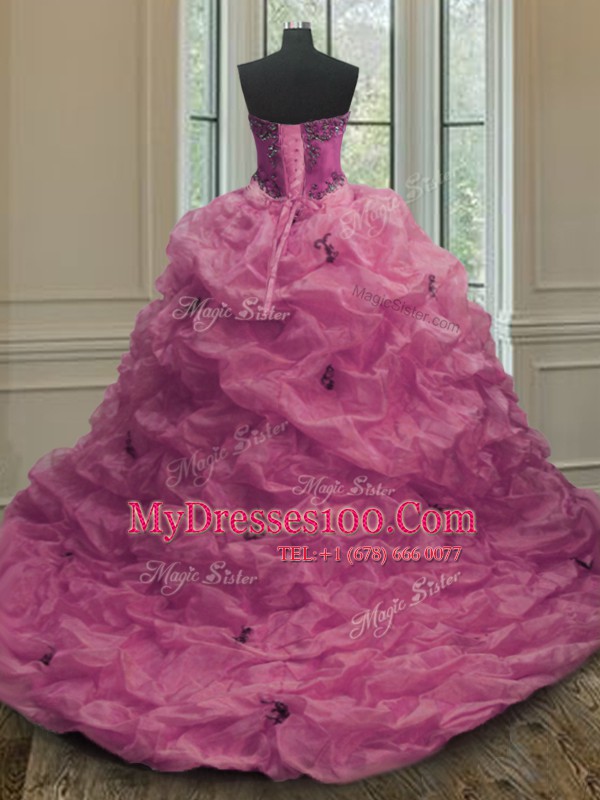 Luxurious Organza Sweetheart Sleeveless Court Train Lace Up Beading and Appliques and Pick Ups Quince Ball Gowns in Fuchsia
