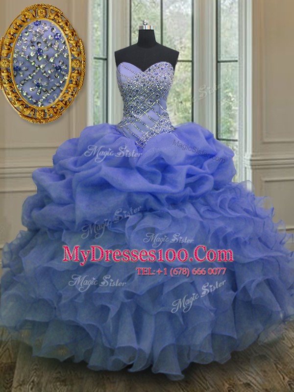 Hot Sale Floor Length Lace Up Sweet 16 Dress Blue for Military Ball and Sweet 16 and Quinceanera with Beading and Ruffles and Pick Ups