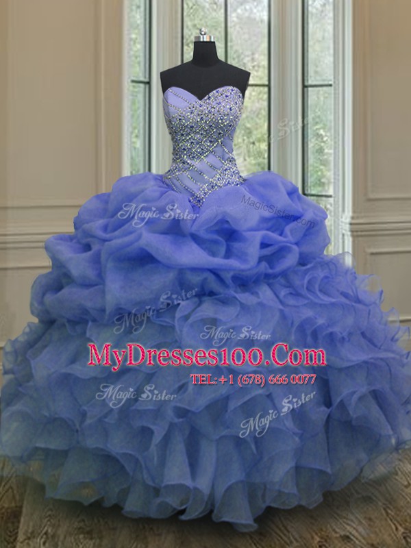 Hot Sale Floor Length Lace Up Sweet 16 Dress Blue for Military Ball and Sweet 16 and Quinceanera with Beading and Ruffles and Pick Ups