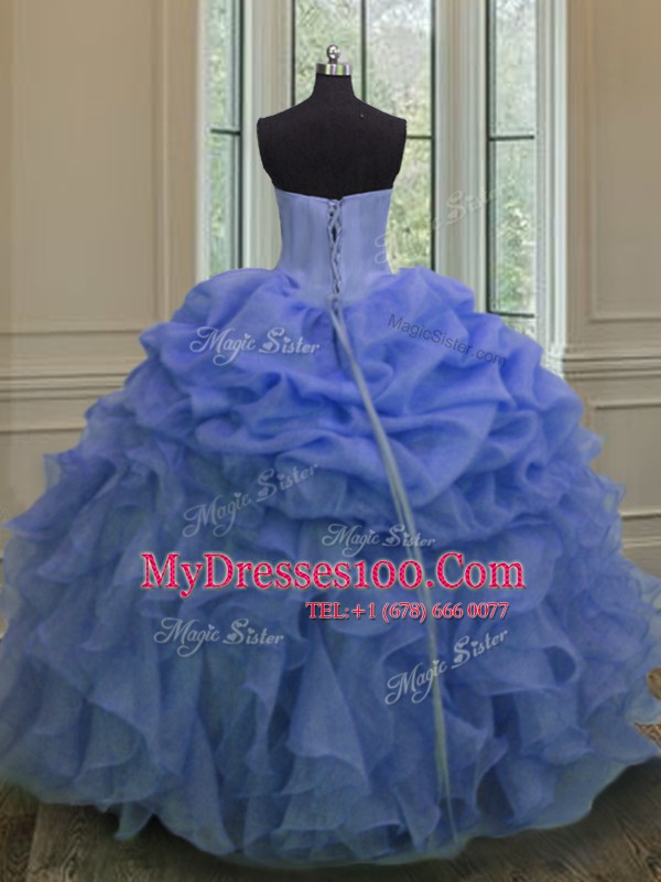 Hot Sale Floor Length Lace Up Sweet 16 Dress Blue for Military Ball and Sweet 16 and Quinceanera with Beading and Ruffles and Pick Ups