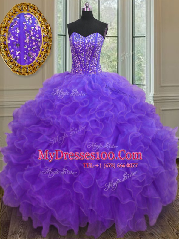 Purple Sleeveless Organza Lace Up Vestidos de Quinceanera for Military Ball and Sweet 16 and Quinceanera