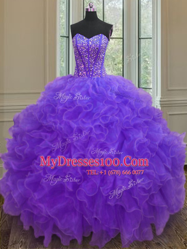 Purple Sleeveless Organza Lace Up Vestidos de Quinceanera for Military Ball and Sweet 16 and Quinceanera