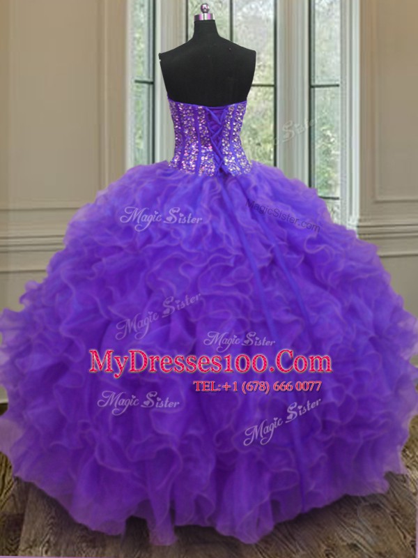 Purple Sleeveless Organza Lace Up Vestidos de Quinceanera for Military Ball and Sweet 16 and Quinceanera