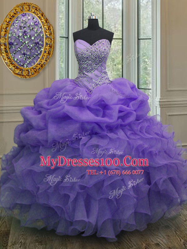 Lavender Sleeveless Beading and Ruffles and Pick Ups Floor Length Sweet 16 Quinceanera Dress