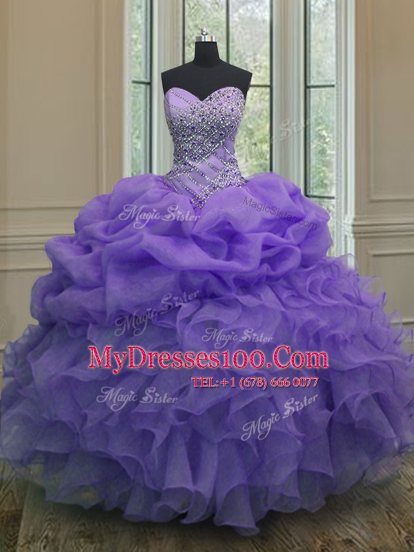 Lavender Sleeveless Beading and Ruffles and Pick Ups Floor Length Sweet 16 Quinceanera Dress