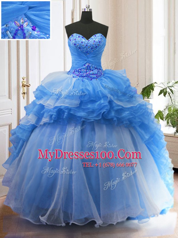 Hot Selling Ruffled Blue Sleeveless Organza Sweep Train Lace Up Quinceanera Dresses for Military Ball and Sweet 16 and Quinceanera