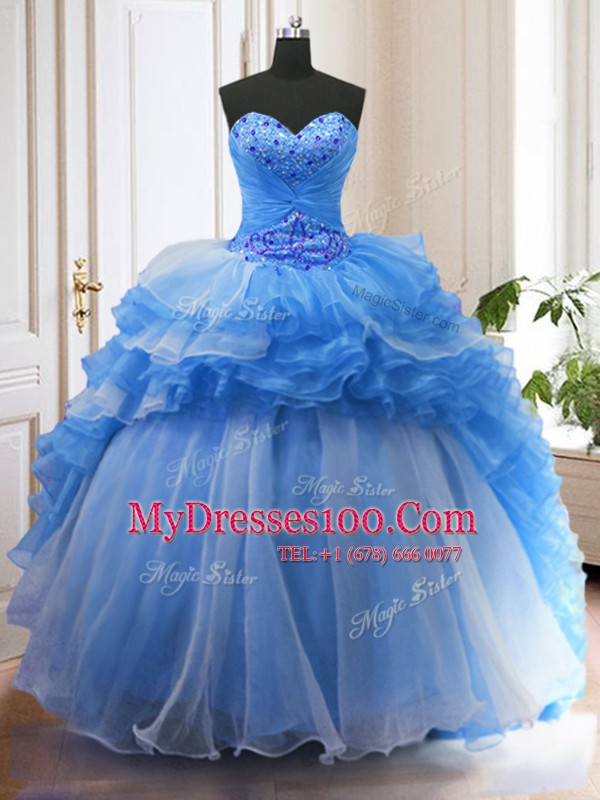 Hot Selling Ruffled Blue Sleeveless Organza Sweep Train Lace Up Quinceanera Dresses for Military Ball and Sweet 16 and Quinceanera