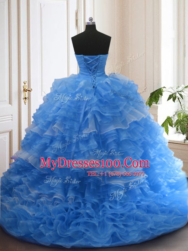 Hot Selling Ruffled Blue Sleeveless Organza Sweep Train Lace Up Quinceanera Dresses for Military Ball and Sweet 16 and Quinceanera
