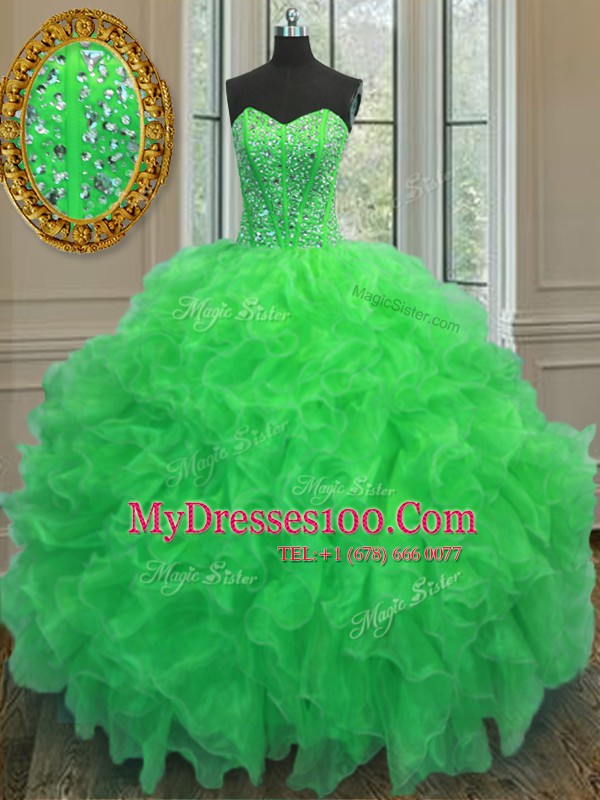 Green Sleeveless Floor Length Beading and Ruffles Lace Up Quinceanera Dress