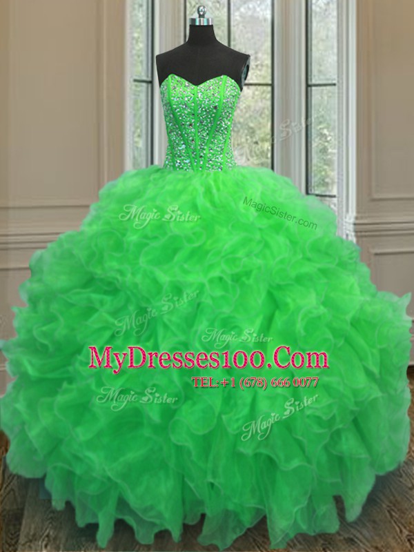 Green Sleeveless Floor Length Beading and Ruffles Lace Up Quinceanera Dress