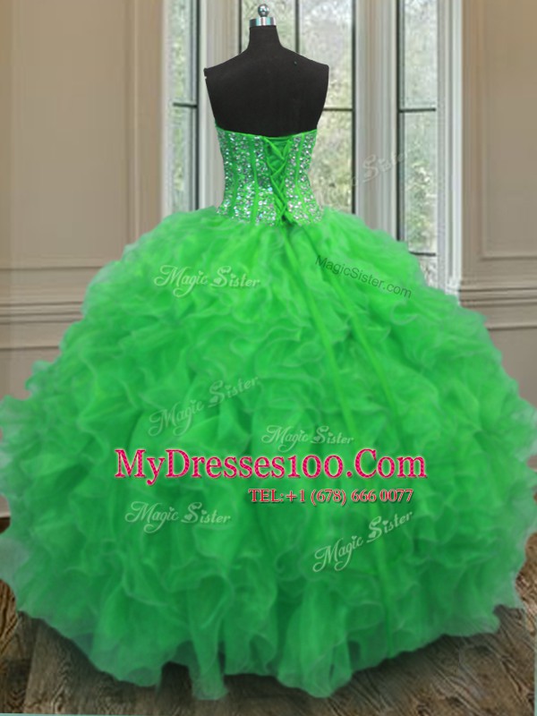 Green Sleeveless Floor Length Beading and Ruffles Lace Up Quinceanera Dress