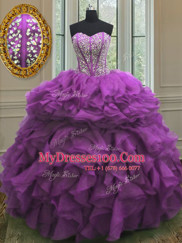 Gorgeous Purple Ball Gowns Beading and Ruffles Sweet 16 Quinceanera Dress Lace Up Organza Sleeveless Floor Length