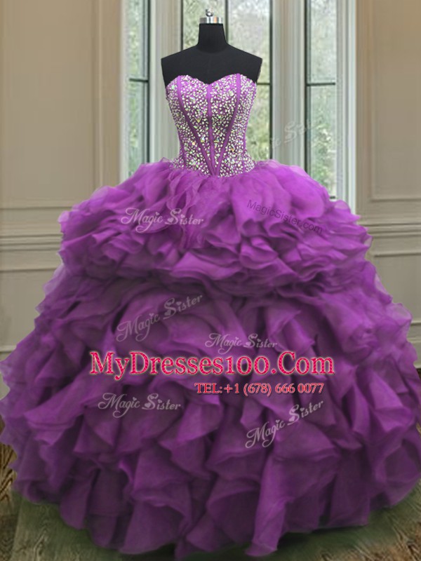 Gorgeous Purple Ball Gowns Beading and Ruffles Sweet 16 Quinceanera Dress Lace Up Organza Sleeveless Floor Length