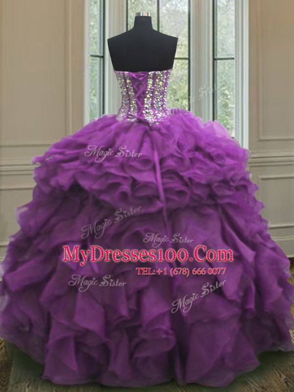 Gorgeous Purple Ball Gowns Beading and Ruffles Sweet 16 Quinceanera Dress Lace Up Organza Sleeveless Floor Length