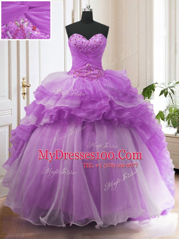 Trendy Purple Sweet 16 Quinceanera Dress Organza Sweep Train Sleeveless Beading and Ruffled Layers