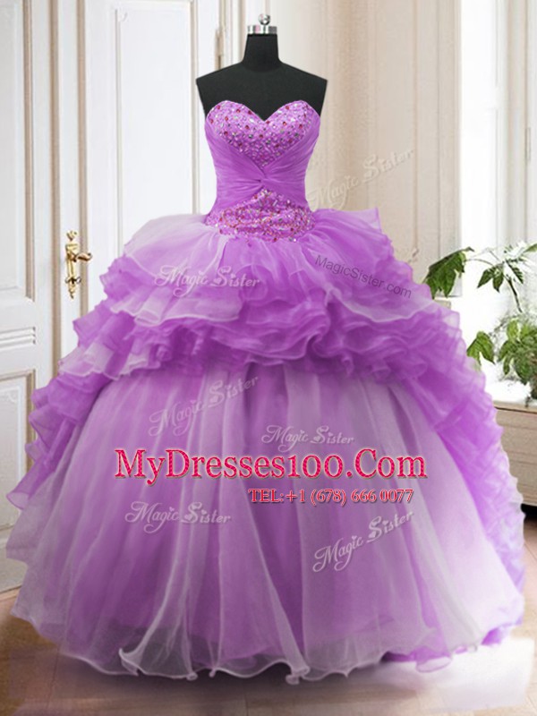Trendy Purple Sweet 16 Quinceanera Dress Organza Sweep Train Sleeveless Beading and Ruffled Layers