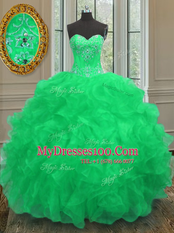 Green Quinceanera Dresses Military Ball and Sweet 16 and Quinceanera and For with Beading and Embroidery and Ruffles Sweetheart Sleeveless Lace Up