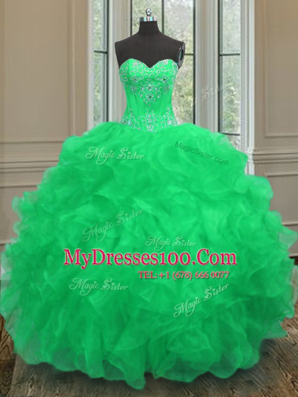 Green Quinceanera Dresses Military Ball and Sweet 16 and Quinceanera and For with Beading and Embroidery and Ruffles Sweetheart Sleeveless Lace Up