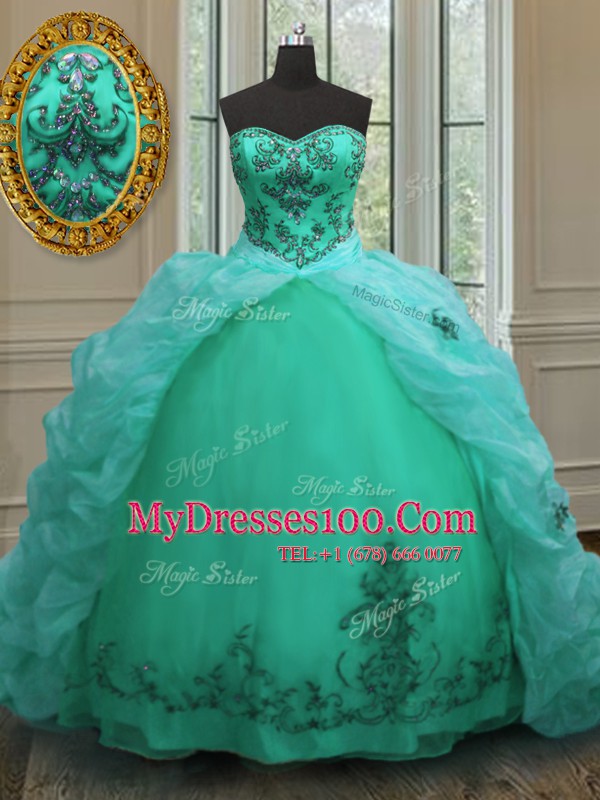 Fantastic Beading and Appliques and Pick Ups Sweet 16 Dress Turquoise Lace Up Sleeveless With Train Court Train