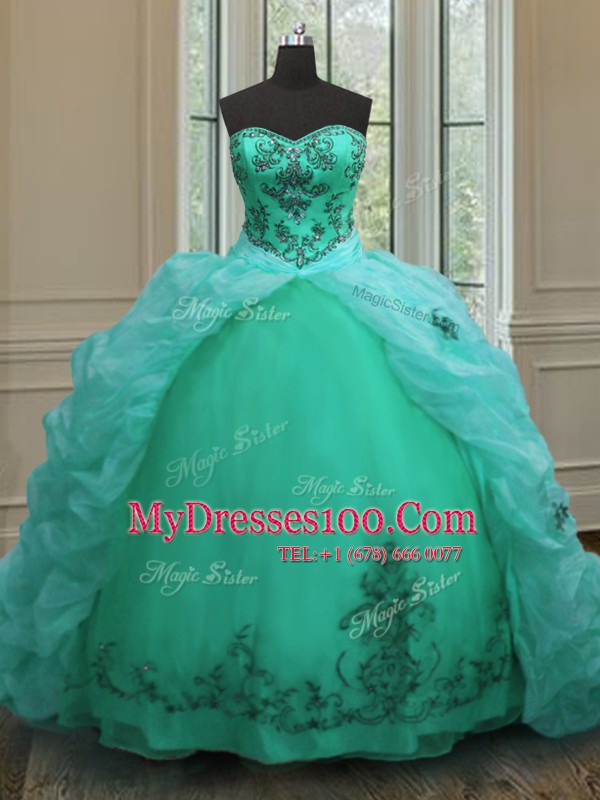Fantastic Beading and Appliques and Pick Ups Sweet 16 Dress Turquoise Lace Up Sleeveless With Train Court Train
