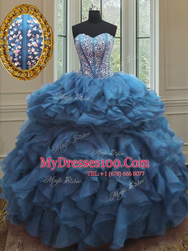 Sleeveless Organza Floor Length Lace Up Quinceanera Gown in Teal with Beading and Ruffles