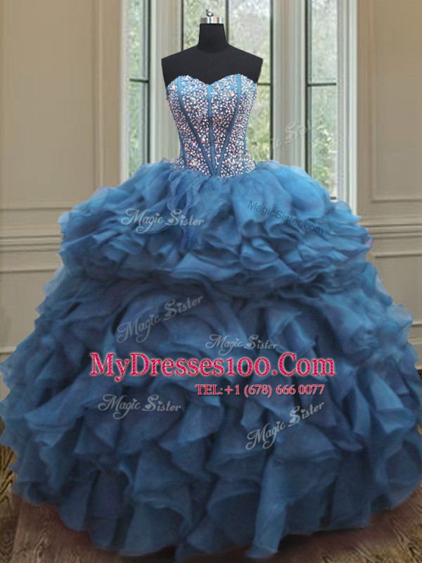 Sleeveless Organza Floor Length Lace Up Quinceanera Gown in Teal with Beading and Ruffles