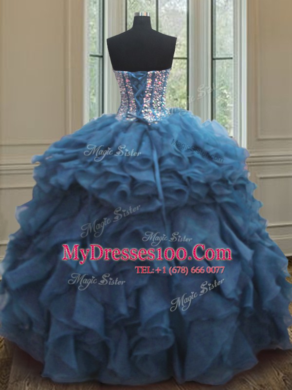 Sleeveless Organza Floor Length Lace Up Quinceanera Gown in Teal with Beading and Ruffles