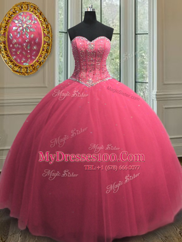 Affordable Hot Pink Sweetheart Neckline Beading and Sequins Sweet 16 Dresses Sleeveless Lace Up