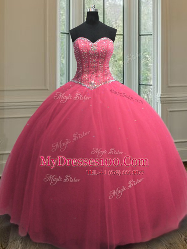 Affordable Hot Pink Sweetheart Neckline Beading and Sequins Sweet 16 Dresses Sleeveless Lace Up