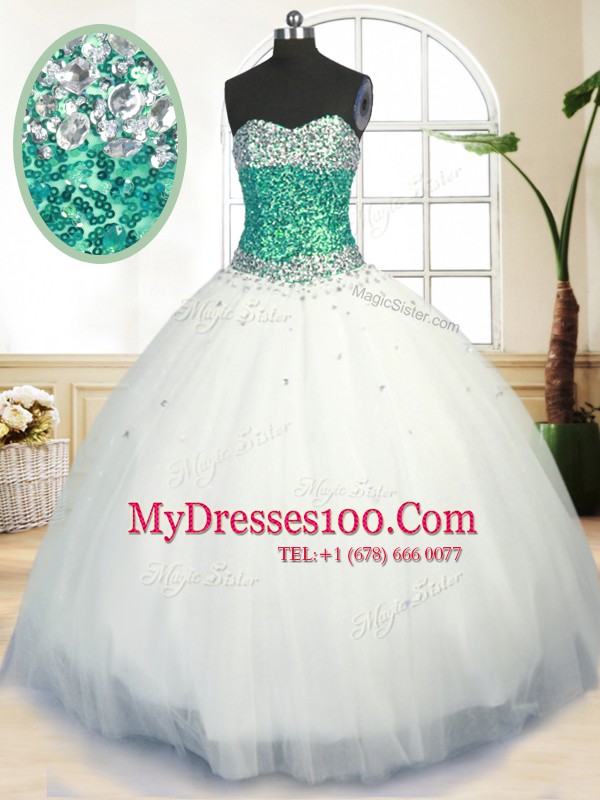 Customized Sweetheart Sleeveless Lace Up 15th Birthday Dress White Tulle