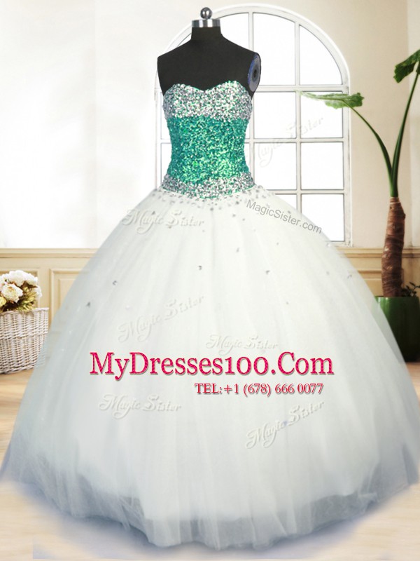 Customized Sweetheart Sleeveless Lace Up 15th Birthday Dress White Tulle