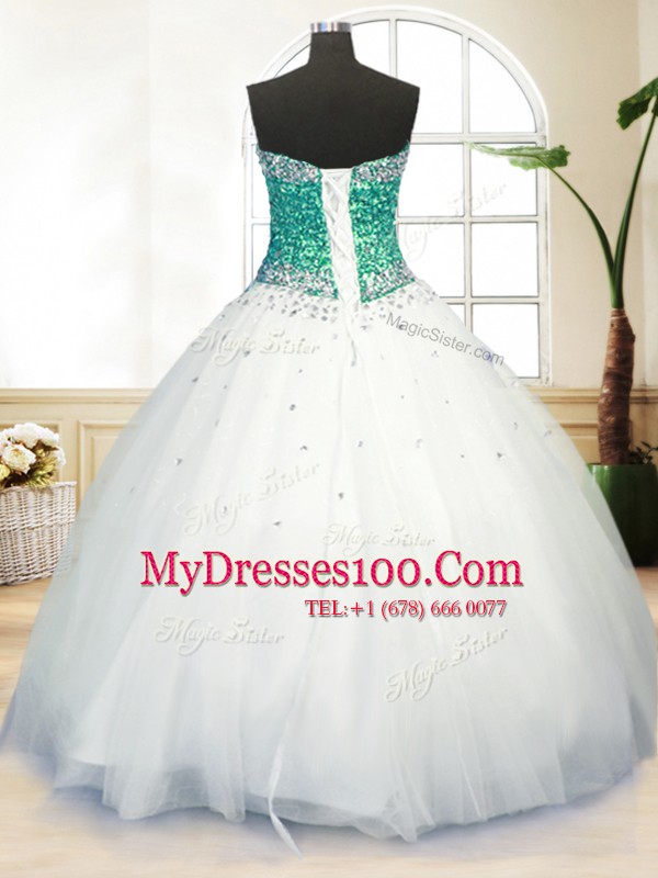 Customized Sweetheart Sleeveless Lace Up 15th Birthday Dress White Tulle