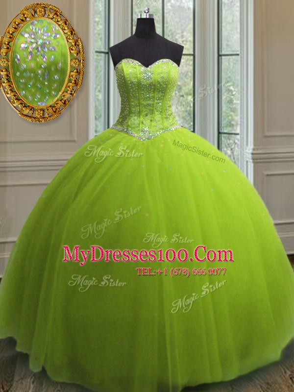Yellow Green Sleeveless Beading and Sequins Floor Length Sweet 16 Dress