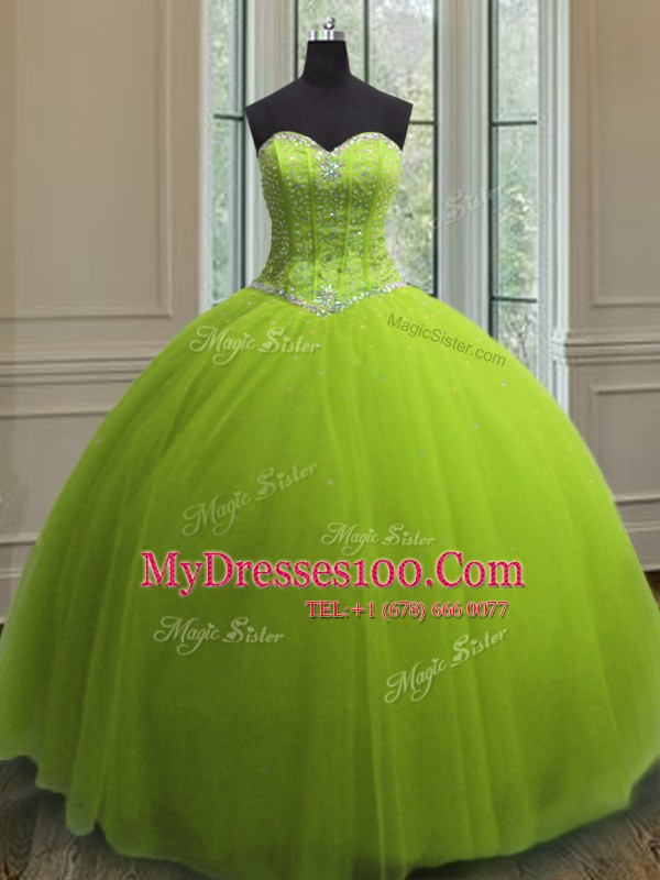 Yellow Green Sleeveless Beading and Sequins Floor Length Sweet 16 Dress