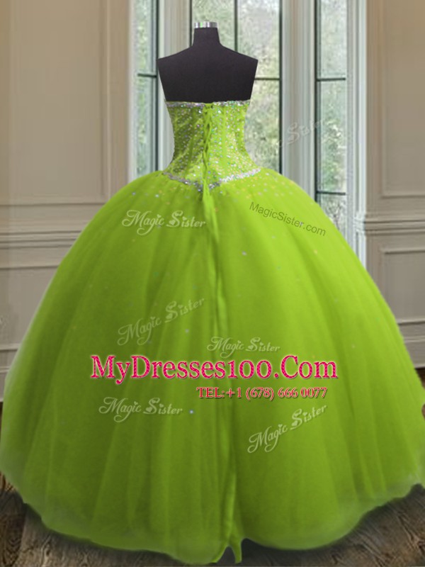 Yellow Green Sleeveless Beading and Sequins Floor Length Sweet 16 Dress
