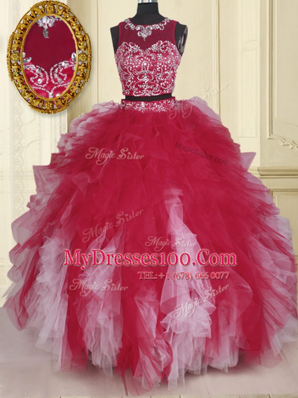 White And Red Two Pieces Scoop Sleeveless Tulle Floor Length Zipper Beading and Ruffles Quince Ball Gowns