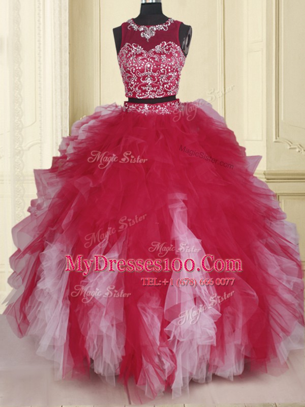 White And Red Two Pieces Scoop Sleeveless Tulle Floor Length Zipper Beading and Ruffles Quince Ball Gowns