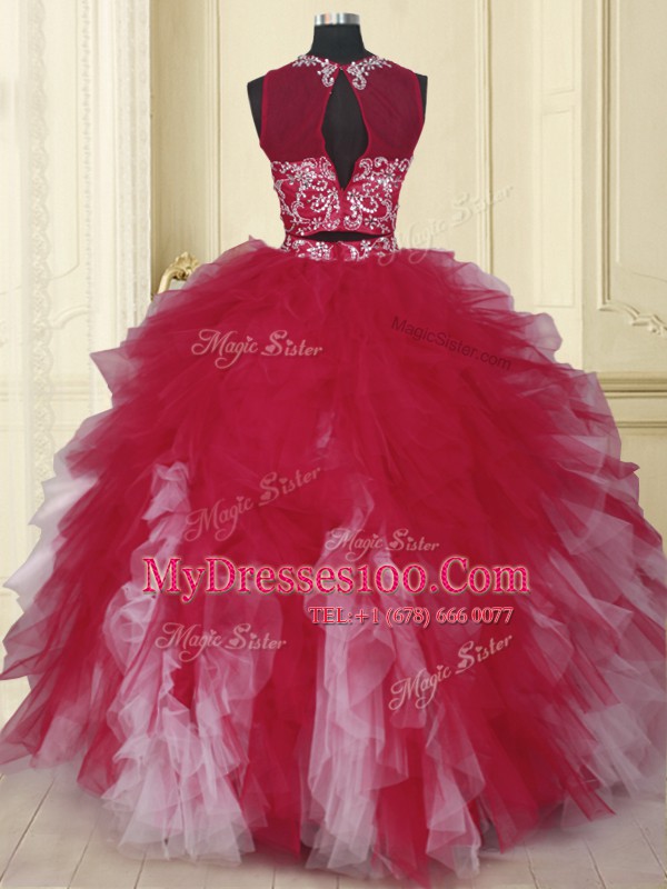 White And Red Two Pieces Scoop Sleeveless Tulle Floor Length Zipper Beading and Ruffles Quince Ball Gowns