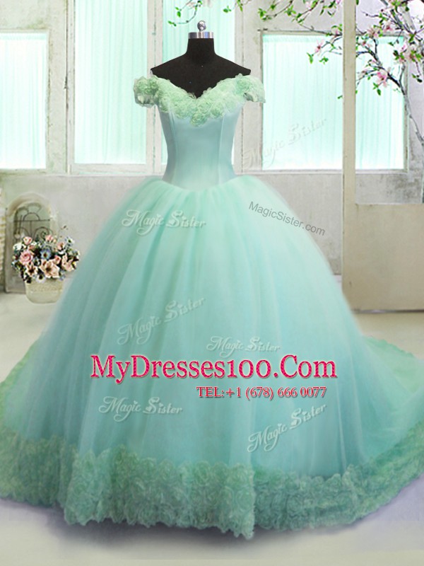 Pretty Off the Shoulder With Train Ball Gowns Sleeveless Turquoise Quinceanera Gowns Court Train Lace Up