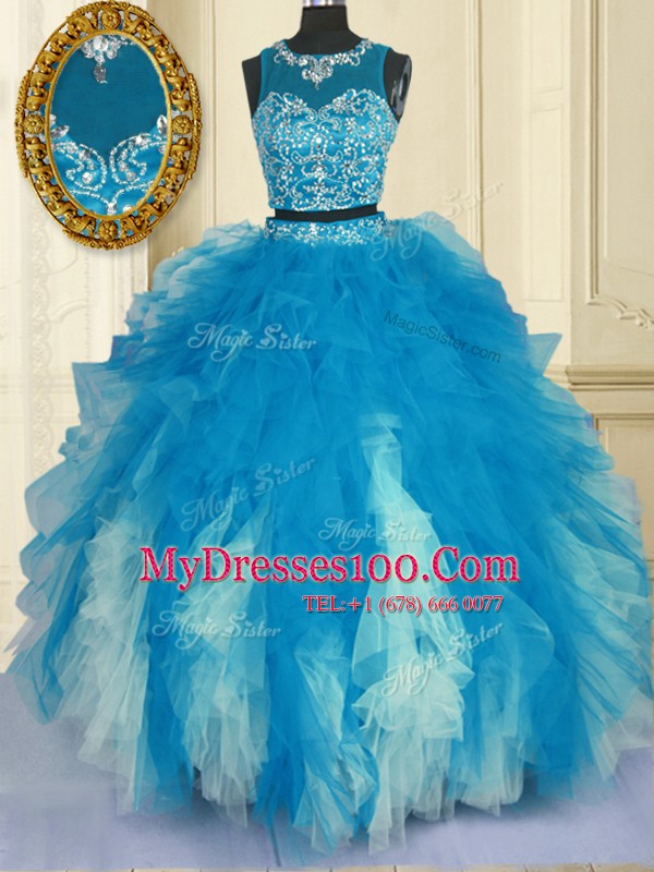 Enchanting Scoop Blue And White Sleeveless Beading and Ruffles Floor Length Ball Gown Prom Dress