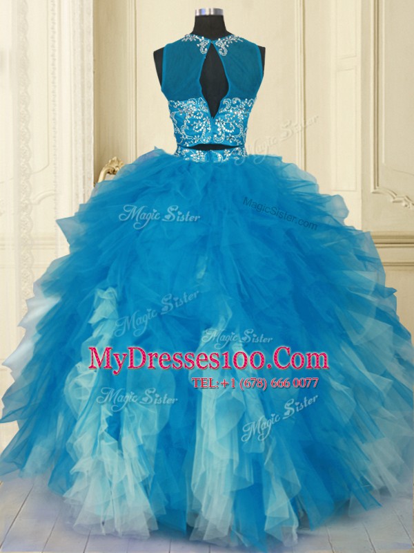 Enchanting Scoop Blue And White Sleeveless Beading and Ruffles Floor Length Ball Gown Prom Dress